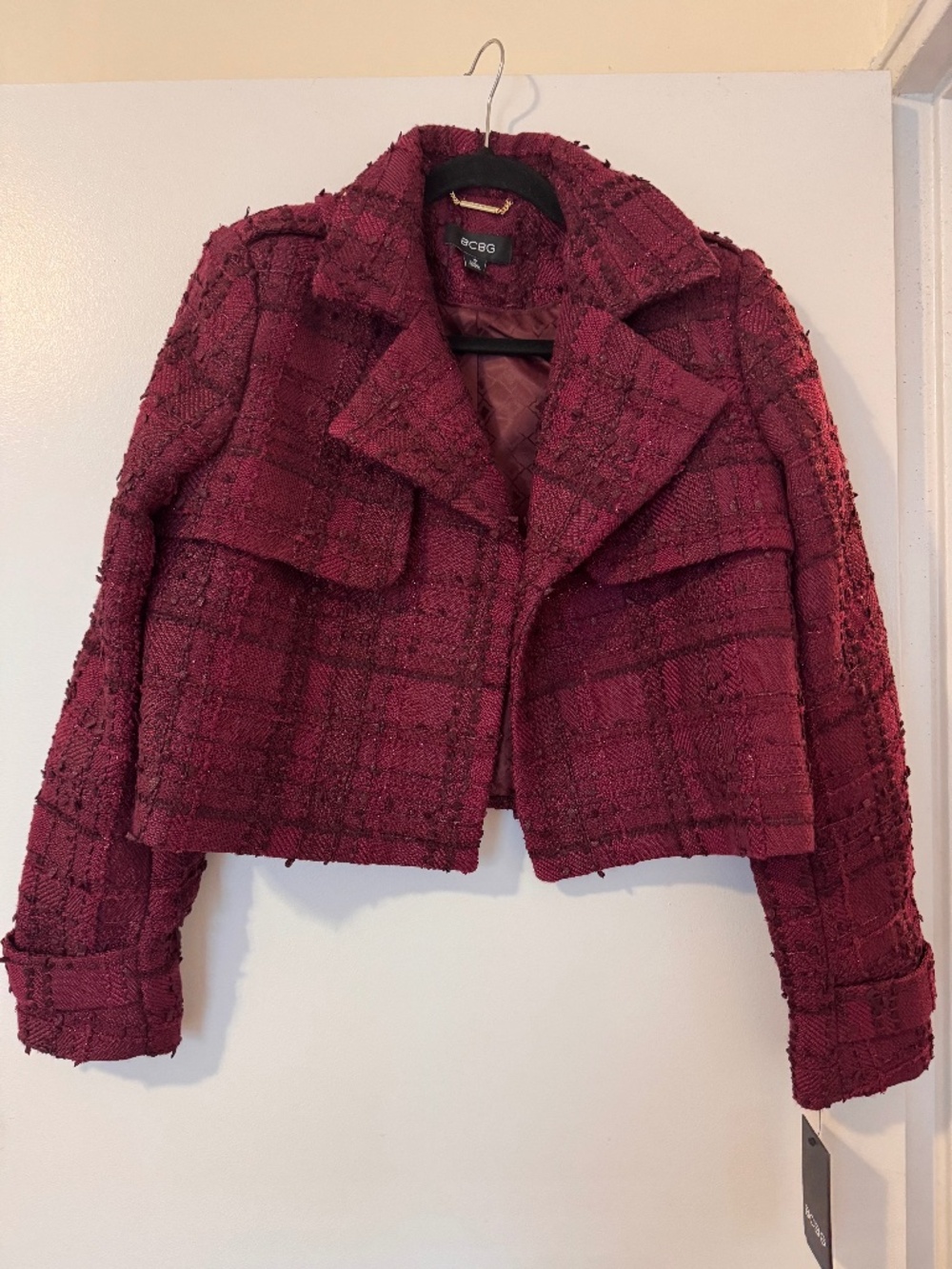 BCBG Burgundy Textured Cropped Moto Jacket Size 12